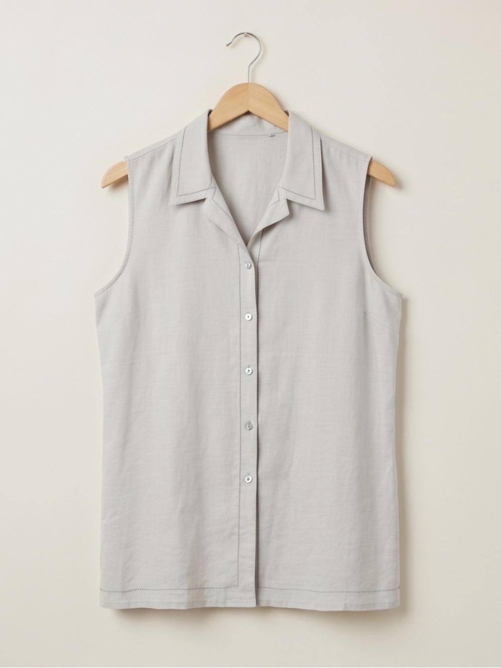 100% Linen , Alice Blue Sleeveless Button-Down Collared Top in Light Beige